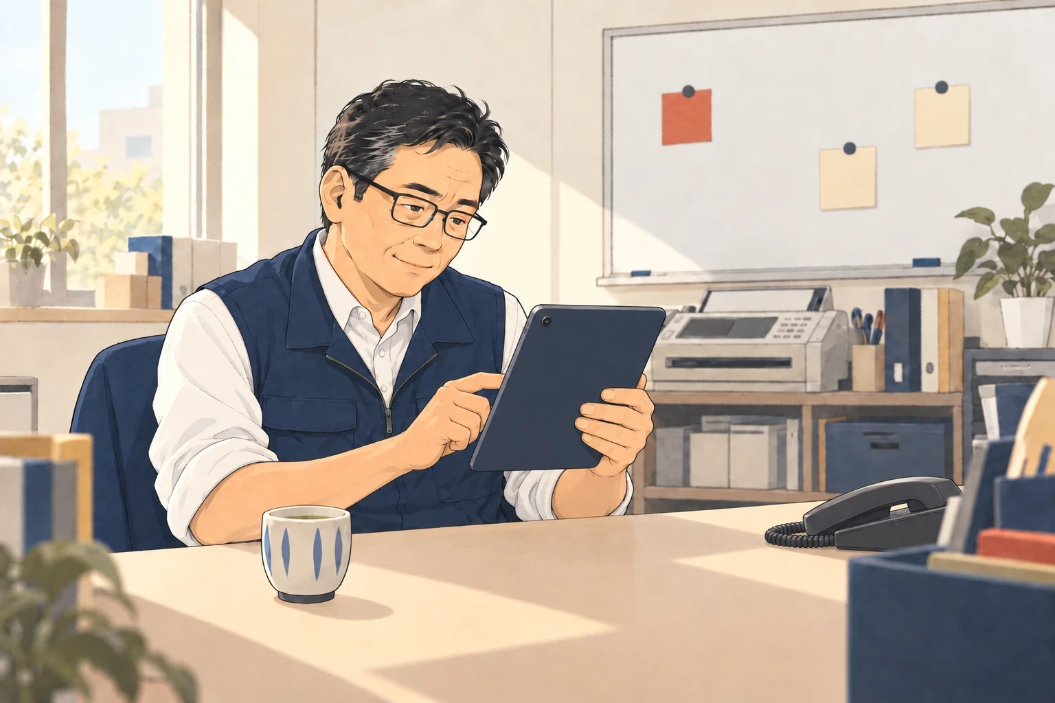 同じ男性が、受話器を置いて、タブレットで内容を落ち着いて確認しているイラスト
