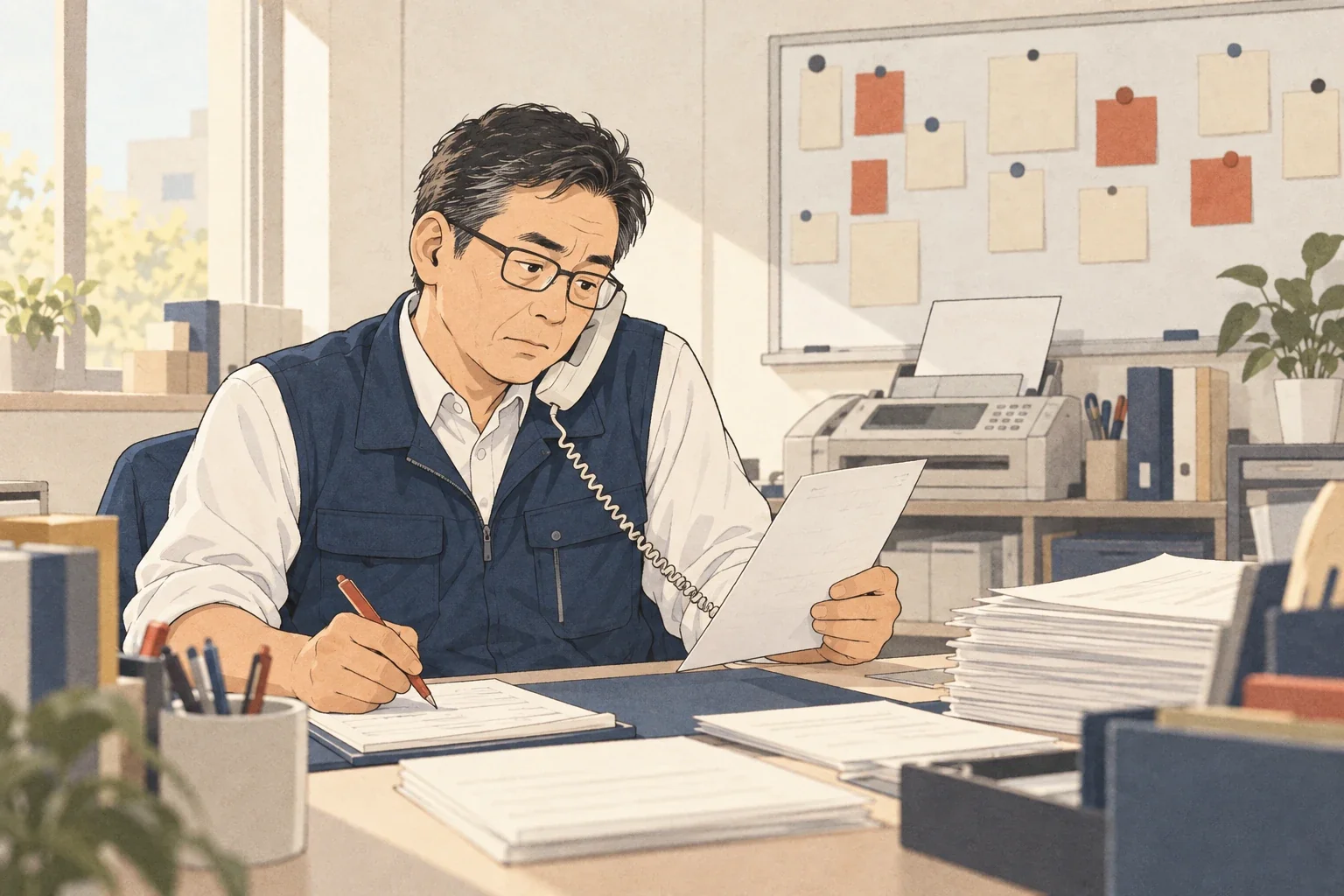 注文書の紙が積み重なった机で、電話をしながらメモを取る男性のイラスト